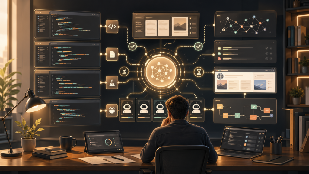 OpenAI-generated illustration of managed AI agents coordinating long-running coding and knowledge work under human supervision