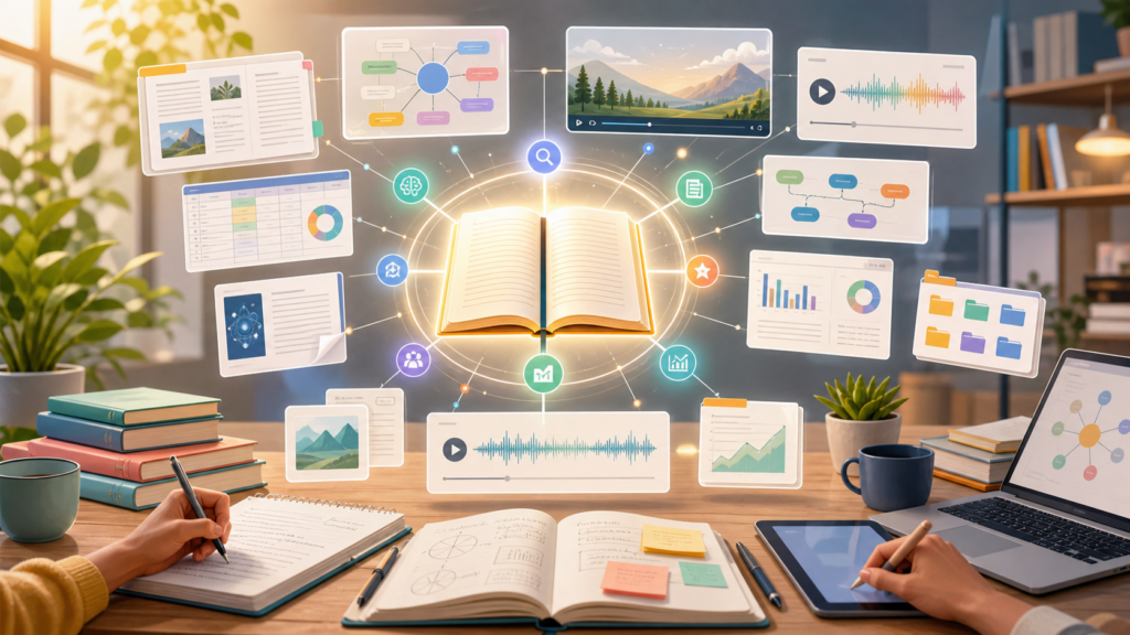 OpenAI-generated illustration of Google NotebookLM as an AI knowledge workspace for learning research and training