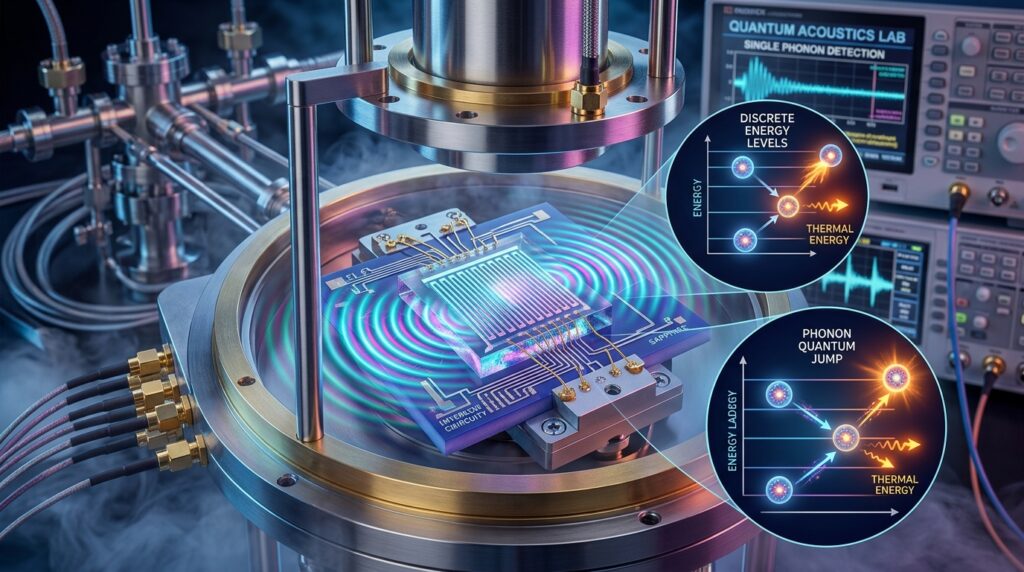 Stanford University quantum acoustics laboratory setup featuring lithium niobate nanomechanical resonator chip and superconducting qubit detecting quantum jumps of sound phonons