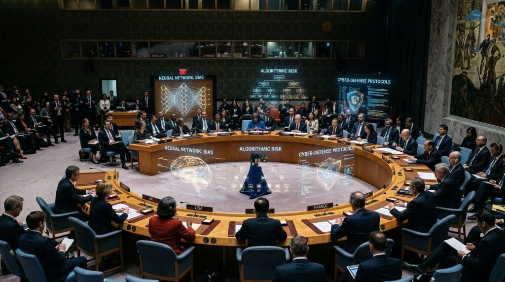 United Nations Security Council chamber in New York during historic briefing on frontier AI risks and bioweapons