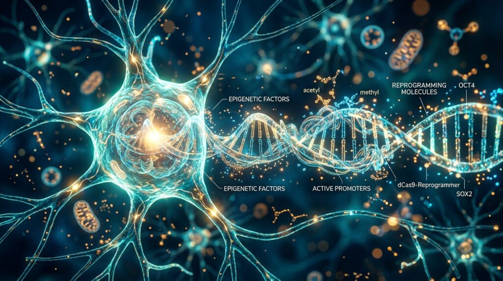 Scientific visualization of epigenetic reprogramming showing a glowing biological retinal neuron and luminous DNA double helix with molecular regulatory switches resetting cellular age